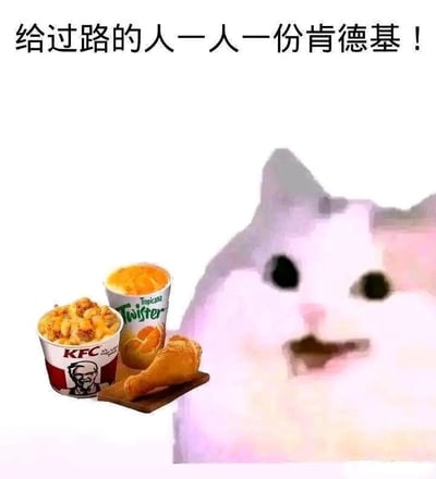 这是一张经过二次创作的搞笑表情包，画面右侧是魔性的mur猫表情包形象，猫咪嘴巴大张，表情激动亢奋，仿佛在大声宣告；画面左侧拼接了肯德基的餐食组合，包含一份肯德基餐品、一杯纯果乐Twister果汁和一个炸鸡腿。图片顶部配有醒目的文字“给过路的人一人一份肯德基！”，整体内容营造出一种财大气粗、豪爽大方的搞笑氛围，像是在任性地发布慷慨的赠餐宣言，没有双关、谐音梗等特殊隐含内容。