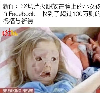 这是一张荒诞恶搞的合成梗图，上方配文写着「新闻：将切片火腿放在脸上的小女孩在Facebook上收到了超过100万则的祝福与祈祷」，图中真实小女孩的脸被P上了带有五官镂空的切片火腿，旁边还摆放着一块完整的火腿，营造出小女孩受伤后用火腿做植皮的假象，实际是网友的恶作剧创作，用来调侃社交平台上容易被虚假信息误导的现象，整体风格无厘头又搞笑。