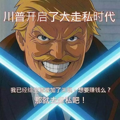 这是一张二次创作的恶搞时政梗图，将美国前总统特朗普的面部特征与动漫《海贼王》中海军大将黄猿的形象结合，人物露出张狂的坏笑，身前有交叉的蓝色光效。图中配有文字：“川普开启了大走私时代”“我已经给全球增加了关税，想要赚钱么？那就去走私吧！”，以反讽的方式调侃加关税的政策，暗示高关税可能催生走私行为，整体风格搞笑嘲讽，没有双关或谐音梗。