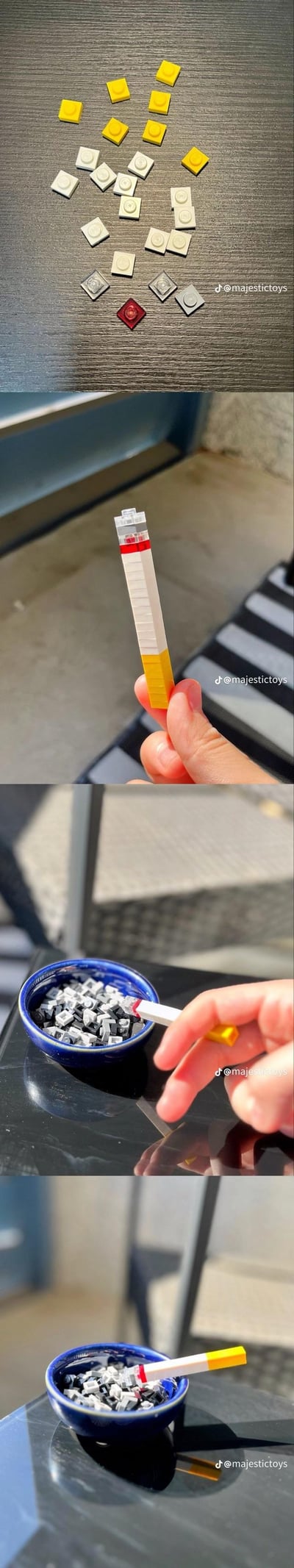 这是一组四格连环实拍图，完整展示了用乐高零件制作仿真香烟并模仿吸烟相关动作的过程：
1. 首图展示搭建所需的乐高零件，包含黄色、白色、灰色1x1光面砖及红色透明砖；
2. 第二图呈现搭建完成的乐高香烟，被手指捏持，精准还原了香烟的黄嘴、白身、红圈标识和过滤嘴结构；
3. 第三图模拟夹烟动作，将乐高香烟伸向装满灰色乐高小颗粒的碗（模仿烟灰缸）；
4. 末图展示把乐高香烟放置在“烟灰缸”上的状态，还原香烟搁置在烟灰缸的日常场景。
整个内容用乐高零件创意还原香烟形态与相关动作，充满手工创意趣味，无谐音梗或双关暗示。