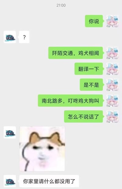 这是一段社交平台的聊天记录截图，绿色对话框的用户先引导对方说话，接着抛出陶渊明《桃花源记》中的古文「阡陌交通，鸡犬相闻」，随后用无厘头谐音梗将其歪译为「南北路多，叮咚鸡大狗叫」，并追问对方为何不说话；对方最初发问号表示疑惑，最后发送了一张一脸无语的Doge衍生表情包，回复「你家里请什么都没用了」，满是被整蛊后的无奈。
谐音梗说明：用户故意打破古文原意，用谐音和直白的口语化表达整蛊好友，「鸡犬相闻」被歪解为「叮咚鸡大狗叫」，制造出荒诞搞笑的效果。