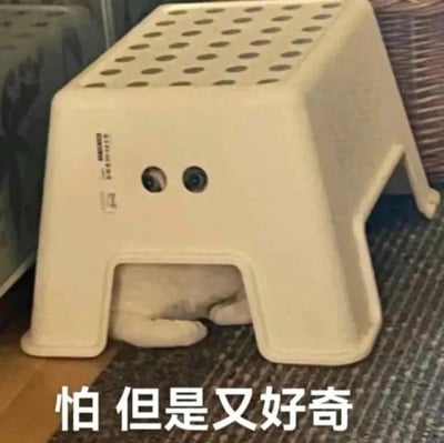 一只白色猫咪躲藏在白色塑料凳子下方，凳子前方有两个圆形孔洞，猫咪的眼睛恰好从孔洞中露出，形成了凳子长着眼睛的有趣视觉效果。图片底部配有文字“怕 但是又好奇”，完美捕捉了猫咪既胆怯又好奇的可爱状态。这种巧合的构图创造出幽默的拟人化效果，让普通的家居场景变得生动有趣。