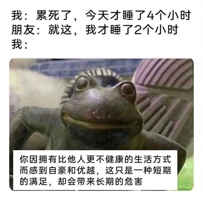 这是一张图文混排的网络梗图，上方呈现了一段日常对话：“我”向朋友抱怨自己只睡了4小时十分疲惫，朋友却以“只睡了2小时”来攀比，试图以此展现自己更“能扛”；下方搭配了一个表情微妙、眼神带嘲讽的青蛙玩偶图，同时配文点破这种行为的荒谬——以拥有更不健康的生活方式为荣只是短期满足，实则会带来长期危害，精准讽刺了当代部分年轻人在疲惫状态下进行的无意义不健康生活方式攀比，用幽默的方式传递了关注自身健康的理念。