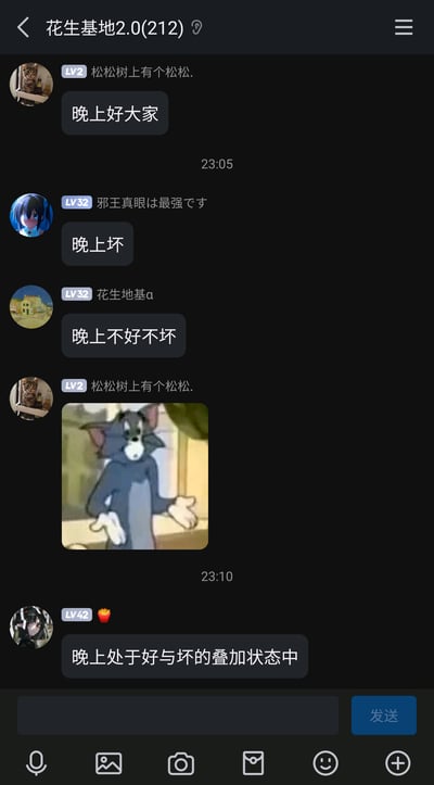 这是一张名为“花生基地2.0(212)”的群聊静态截图，时间显示在深夜23:05至23:10之间。群成员以一句“晚上好大家”为起点，开启了递进式的玩梗对话：用户“松松树上有个松松.”率先问候，用户“邪王真眼は最强です”反向回复“晚上坏”，用户“花生地基α”进一步模糊表述为“晚上不好不坏”，随后前者发送一张《猫和老鼠》中汤姆猫摊手的表情包，表达对这种递进式玩梗的无奈或调侃，最后一位LV42、昵称显示为薯条图标的用户用量子力学的“叠加态”概念收尾，回复“晚上处于好与坏的叠加状态中”，将日常问候与科学概念结合，制造出荒诞搞笑的群聊氛围。