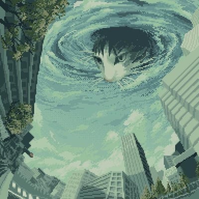 像素艺术风格的奇幻场景，画面采用仰望视角，两侧是高耸的城市建筑，中间天空中悬浮着一个巨大的蓝色漩涡，漩涡中心缓缓浮现出一只猫咪的面孔，眼神平静凝视下方。建筑细节带有像素块质感，左侧有绿植点缀，整体色调以蓝绿色为主，营造出神秘而超现实的氛围。