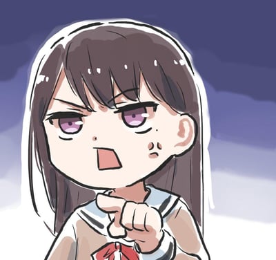 这是一张Q版风格的卡通创作图，描绘了《BanG Dream! It's MyGO!!!!!》中的角色高松灯。她眉头紧皱，嘴巴张开，脸颊带有汗珠，手指着前方，呈现出生气指责的神态，表情生动传神，非常适合用来在聊天中表达不满、反驳他人或吐槽的情绪，图中没有双关、谐音梗等内容。