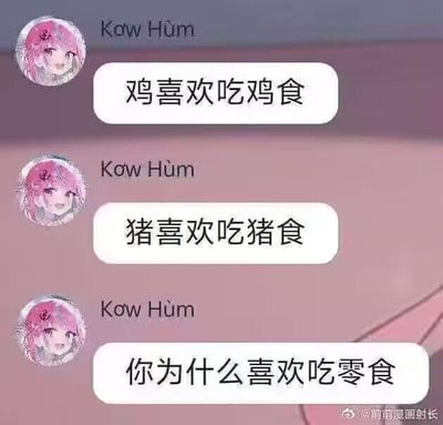 聊天界面截图，粉色头发动漫头像用户“Kow Hum”发送三条消息：前两条为“鸡喜欢吃鸡食”“猪喜欢吃猪食”，建立动物吃对应食物的逻辑，第三条突然转折“你为什么喜欢吃零食”，用类比方式调侃人类对零食的喜爱，形成轻松搞笑的效果。