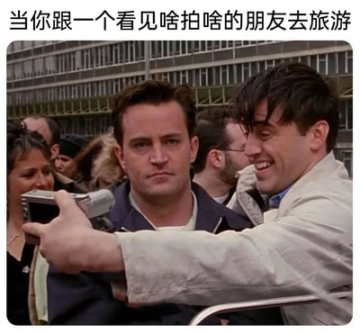 这是一张添加了中文配文的影视梗图，上方配文精准点出场景主题。图中右侧的乔伊·崔比安尼（《老友记》角色）举着相机，满脸兴奋地专注拍摄，左侧的钱德勒·宾则一脸无奈、神情不耐，生动还原了和爱拍照的朋友一同旅游时，两人截然不同的状态：一个兴致勃勃沉浸在拍摄中，另一个则被频繁的拍照行为消磨了兴致，尽显疲惫，这种反差精准戳中了有类似经历的人的笑点与共鸣点。