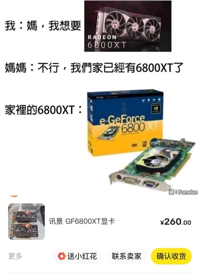 这是一张针对游戏硬件爱好者的搞笑梗图，分为三个段落呈现：
1. 第一段是用户向妈妈提出想要购买AMD的Radeon 6800XT高端显卡，配图为该显卡的产品图；
2. 第二段是妈妈的回应，以“家里已经有6800XT了”为由拒绝；
3. 第三段揭晓家里的“6800XT”是NVIDIA的e-GeForce 6800 XT——一款年代久远的老旧显卡，最后还附上了这款旧显卡在二手平台的售价截图，仅售260元。
梗图的笑点在于两款显卡型号数字完全相同，但属于不同品牌、不同时代的产品，性能、定位和价格天差地别，妈妈混淆了两款产品，形成了强烈的反差感，调侃了长辈对数码产品型号的不了解，也凸显了硬件更新换代的速度。