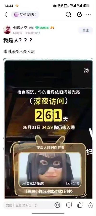 社交媒体帖子截图，用户“伽蓝之空”在“梦想紫吧”发布内容，配文“我是人？？？ 我到底是不是人啊”，表达对自身状态的困惑。下方附带一张手机屏幕截图，显示“深夜访问”记录：261天，6月1日04:59仍未入睡，内容为观看《黑暗腊小样沉浸式对视2分钟》视频，视频封面有戴面具人物，标注“百分之55的灰”及40.1万播放量。整体通过夸张的自我质疑，幽默调侃深夜熬夜行为。