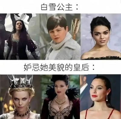 这是一张多图拼接的图文混排梗图，分为上下两部分。上部分标题为“白雪公主：”，展示了三位不同影视版本中饰演白雪公主的女演员剧照，角色形象分别呈现出坚毅、优雅与明艳的气质；下部分标题为“妒忌她美貌的皇后：”，则展示了三位饰演皇后的女演员剧照，角色表情多为冷峻、傲慢或美艳。图片通过对比童话中“皇后妒忌白雪公主美貌”的经典设定与现实中皇后扮演者同样高颜值的反差，形成幽默调侃效果，暗示“皇后的颜值其实也很能打”。