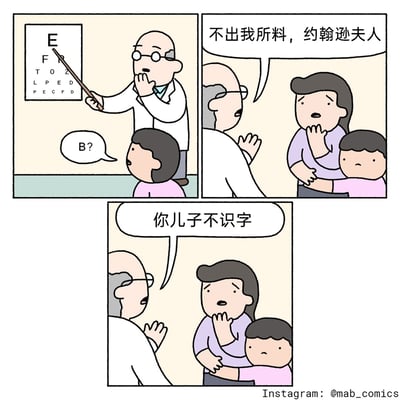 这是一则三格连环卡通漫画，第一格呈现的是眼科检查场景：医生用指示棒指向视力表最上方的字母“E”，让面前的小男孩辨认，小男孩却给出了“B?”的回答；第二格中，医生转向小男孩的母亲约翰逊夫人，开口说道“不出我所料，约翰逊夫人”，似乎要给出视力相关的诊断；第三格则是反转的笑点，医生揭晓真实结论“你儿子不识字”，原来小男孩并非视力存在问题，而是不认识视力表上的字母，制造出了意料之外的乌龙搞笑效果。