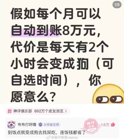 社交媒体截图，内容为一个假设性问题：“假如每个月可以自动到账8万元，代价是每天有2个小时会变成狗（可自选时间），你愿意么？” 下方有“神评俱乐部”标识，显示892万浏览量，并有一条高赞评论：“到饭点就变成狗去找屎吃，连饭钱都省了”，获1.8万点赞。右下角有一个黄色侧视表情符号，整体风格为轻松幽默的互动话题。