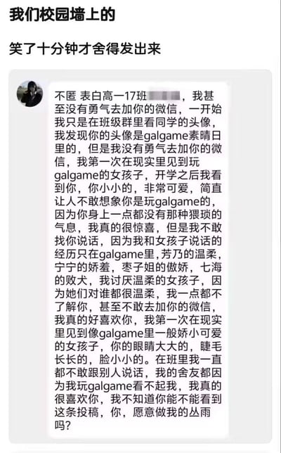 这是一张校园墙上的匿名表白截图，内容是一位高一男生向同年级17班的女生表白。男生提到女生的头像是galgame《素晴日》里的角色，表达了自己作为galgame玩家在现实中遇到同好的惊喜。他形容女生可爱娇小，同时透露自己缺乏与现实女生交流的勇气，只能在galgame中获得与女性角色互动的经验。男生还提到了多个galgame角色类型，并最终问女生是否愿意做他的