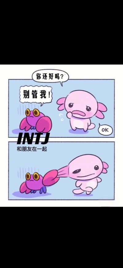 这是一幅围绕MBTI十六型人格中INTJ类型创作的两格卡通连环梗图。第一格画面里，代表INTJ的紫色螃蟹情绪烦躁低落，面对代表其朋友的粉色六角恐龙的关心询问“你还好吗？”，不耐烦地回复“别管我！”，朋友见状答应后准备离开；第二格形成强烈反差，刚才声称不需要被管的INTJ主动伸出钳子拽住要走的朋友，画面配文标注“INTJ和朋友在一起”，生动调侃了INTJ人格在社交中嘴硬傲娇、口是心非的典型行为特点。
