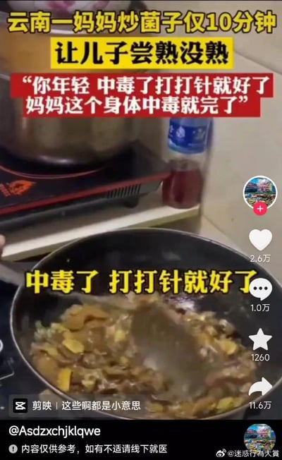 这是一张竖屏短视频的截图，画面主体是正在炒制菌子的锅具，锅内是正在翻炒的野生菌。配文讲述了云南一位妈妈炒菌子仅10分钟，就让儿子帮忙尝是否熟透，还说出“你年轻 中毒了打打针就好了，妈妈这个身体中毒就完了”的搞笑言论，重复强调“中毒了 打打针就好了”，用一种看似“坑儿子”的调侃方式，结合云南野生菌易因未炒熟导致中毒的地域饮食特点，创作了这个充满反差感和趣味性的段子。
