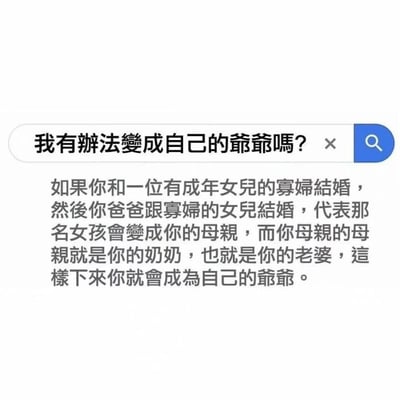 这是一张纯文字静态图，模拟搜索引擎的问答界面，顶部搜索框内的提问为“我有办法变成自己的爷爷吗？”，下方是一段充满脑洞的逻辑推导内容：假设“你与带有成年女儿的寡妇结婚，同时你的父亲与该寡妇的女儿结婚”，通过交叉混淆亲属称谓，推导得出“你会成为自己的爷爷”的荒诞结论，是一个利用亲属关系交叉制造的趣味逻辑玩笑，内容不符合现实伦理，仅作为脑洞娱乐内容存在。
