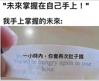 这是一张搞笑反差梗图，属于图文混排形式，顶部先配文“未来掌握在自己手上！”引导出常见的励志话术表述，随后接文字“我手上掌握的未来:”，下方配图为真人手指捏着一张小纸条，纸条上用繁体中文和英文标注“一小時內，你會再次肚子餓 You will be hungry again in one hour.”，用“未来就是很快会饿”的无厘头内容和前文的励志表述形成强烈反差，制造出搞笑的调侃效果，消解了励志话术的宏大感。