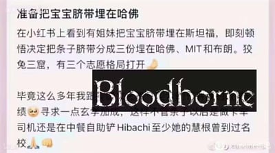 这是一张二次创作的拼贴梗图，主体是一段小红书风格的育儿玄学文字：作者看到他人将宝宝脐带埋在斯坦福，便决定把自己孩子的脐带分成三份埋在哈佛、MIT和布朗，想以此玄学加成给孩子求学业助力，还调侃不管孩子未来从事什么职业，至少“慧根”沾过名校。图中用《血源诅咒（Bloodborne）》的标题logo覆盖了部分文字，玩了《血源诅咒》里“三分之一脐带”的游戏核心道具梗，将现实里分脐带的行为和游戏道具完美联动，形成反差搞笑的效果。
梗点说明：双重玩梗，一是现实中家长的玄学育儿心态，二是联动《血源诅咒》的“三分之一脐带”道具，把分脐带的行为和游戏设定结合，让二次元玩家get到额外笑点。