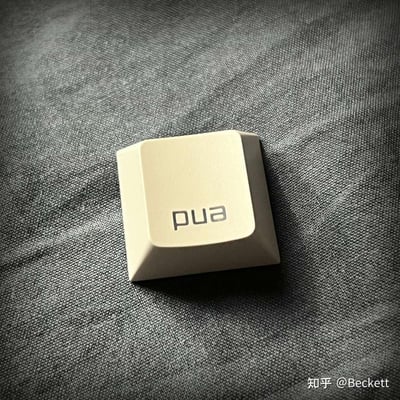 这是一张实拍的原创图片，主体是一枚米白色的方形键盘键帽，放置在深灰色的织物纹理表面上。键帽表面印着反向的“pua”字样，视觉上呈现为“aup”。PUA是指通过精神控制进行情感操纵的不良行为，这个反向的文字设计，暗含着拒绝、抵制PUA的鲜明态度，用日常的键盘键帽载体来传递反对精神控制的理念。
