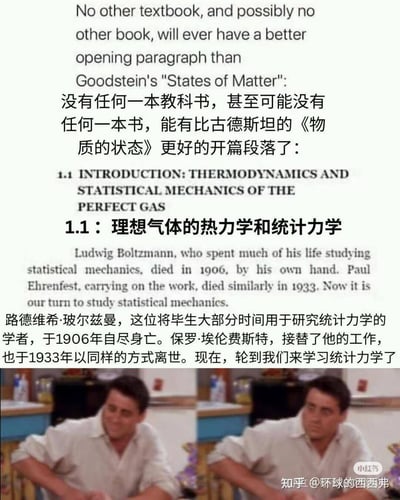 图片上半部分为英文及其中文翻译的文本内容，称古德斯坦的《物质的状态》拥有最好的开篇段落，内容提到路德维希·玻尔兹曼和保罗·埃伦费斯特两位研究统计力学的学者均自尽身亡，随后写道‘现在轮到我们来学习统计力学了’。下半部分是一张表情包图片，一名男子表情凝重，眼神中透露出担忧，仿佛对学习统计力学产生了恐惧，形成幽默的反差效果。