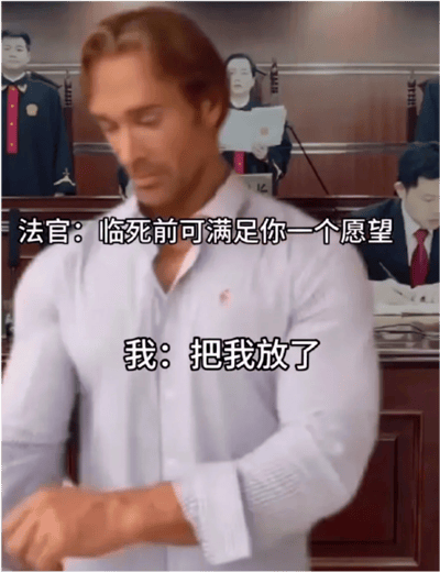 图片主体为美国健身网红迈克·奥赫恩，他身着浅色衬衫，站在模拟法庭的场景中，背景可见身着法官制服的人物。画面叠加中文对白：法官说“临死前可满足你一个愿望”，而“我”的回应是“把我放了”。通过将“大力王”标志性的迷之自信表情与荒诞法庭对话结合，形成极具反差感的幽默效果，属于“大力王文学”中以无逻辑对话讽刺盲目自信的典型创作。
