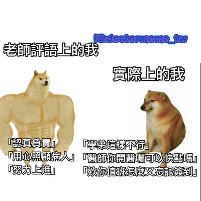 这是一张左右对比的梗图，左侧展示了一只拥有夸张肌肉线条的柴犬，配文为老师评语中的形象：'认真负责'、'用心照顾病人'、'努力上进'；右侧则是一只低头流泪的普通柴犬，配文为实际表现：'学弟这样不行'、'医生你开医嘱可以快点吗'、'欸你值班怎么又忘记签到'。通过强烈的视觉反差和文字对比，幽默地表现了理想评价与现实表现之间的差距，尤其针对医疗相关职业场景。
