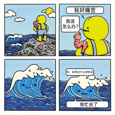 四格漫画描绘了一个黄色小人站在海边岩石上的故事。第一格：黄色小人抱着粉色虫子站在岩石上，背景是蓝天、白云和太阳；第二格：黄色小人表情苦恼地说“我好痛苦 我该怎么办？”；第三格：一个带有脸的巨大海浪正在靠近；第四格：海浪平静地说“呃，如果没什么事的话 我忙去了”。漫画通过拟人化的海浪对黄色小人烦恼的敷衍回应，营造出一种黑色幽默的效果。