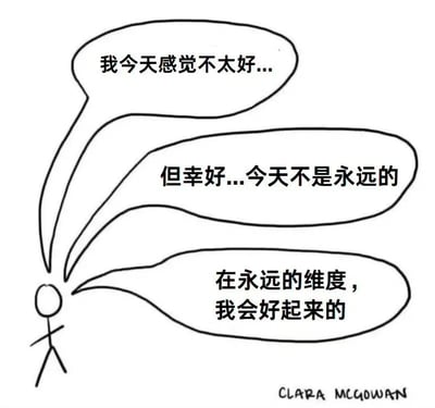 一张黑白简笔画，画面中有一个简单的火柴人形象，从人物头部延伸出三个对话气泡。第一个气泡写着“我今天感觉不太好...”，表达当下的负面情绪；第二个气泡“但幸好...今天不是永远的”展现转折和希望；第三个气泡“在永远的维度，我会好起来的”则表达了长远的积极信念。整幅画风格简约，线条简单，右下角有“CLARA MCGOWAN”的签名。
