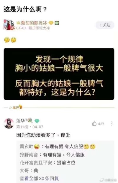 这是一张微博平台的社交媒体截图，娱乐领域用户“甄甜的鲸谂冰”发布了一个无厘头的提问，称发现“胸小的姑娘脾气大，胸大的姑娘脾气好”的规律并询问原因；评论区11楼用户“莲华°”犀利回复“因为你动漫看多了，傻吡”，戳中动漫里常见的“巨乳温柔、平胸暴躁”的刻板印象，这条回复获得437个赞，其他网友在该回复下评论“有理有据 令人信服”进行跟风玩梗，整体内容充满搞笑调侃的氛围，用动漫刻板印象来吐槽楼主的无厘头结论。