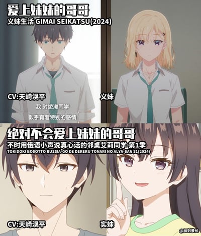这是一张二次元反差梗图，上下分栏展示了2024年两部新番动画中，由同一声优天崎滉平配音的两位男主：
- 上半部分是《义妹生活》的男主绫濑季弥，他意识到自己对义妹绫濑沙季产生了特殊的爱慕感情，表情严肃困惑；
- 下半部分是《不时用俄语小声说真心话的邻桌艾莉同学》的男主久世政近，他是坚决不会爱上自己实妹久世樱的类型，表情无奈带汗，旁边的实妹则是微笑狡黠的样子。
通过同一声优配音的完全相反的兄妹感情设定，制造出搞笑的反差效果。