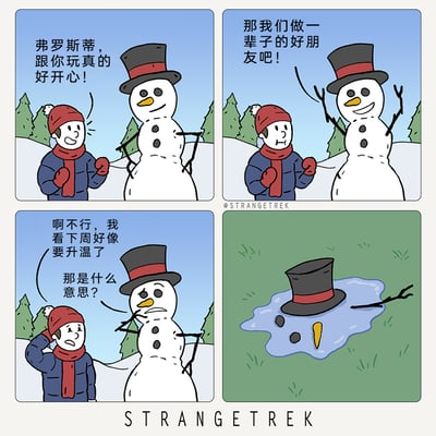 这是一组四格连环卡通漫画，讲述了冬日里男孩与雪人弗罗斯蒂的短暂友谊故事。第一格中，男孩兴奋地向雪人表达玩耍的愉悦；第二格雪人开心地提议两人做一辈子的好朋友；第三格男孩面露难色地告知雪人下周即将升温，雪人疑惑地询问这句话的含义；第四格场景切换到升温后的草地，雪人已经完全融化，只剩帽子、纽扣、胡萝卜鼻子和一根树枝留在融化的水洼里，用黑色幽默的方式展现了雪人的宿命，制造出令人哭笑不得的反差感。