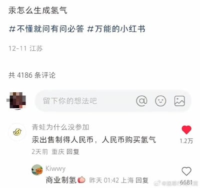 这是一则小红书平台的趣味提问截图，楼主发布提问“汞怎么生成氢气”，本意是寻求化学相关的专业解答。评论区有网友跳出化学实验的常规逻辑，给出了脑洞大开的商业思路回答：“汞出售制得人民币，人民币购买氢气”，这条脱离常规的回复获得了1.2万点赞，另有上海网友补充评论“商业制氢”，将这个搞笑思路进一步点明，整体内容充满趣味性和脑洞。