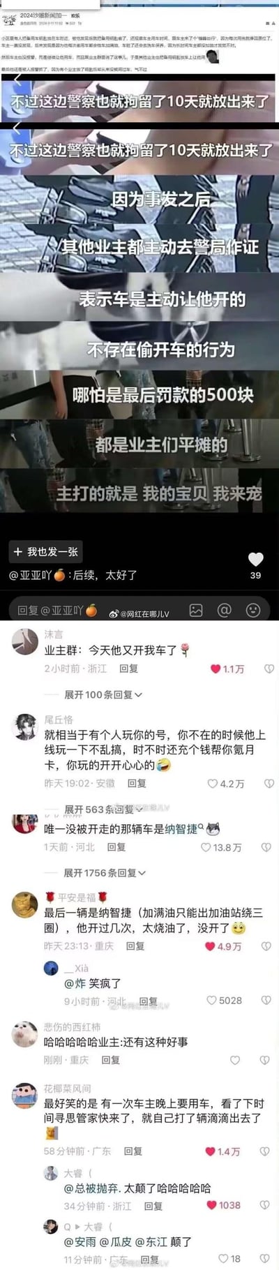 这是一组来自微博的社交媒体截图内容，讲述了一个暖心又搞笑的真实事件：小区里有人偷开业主的备用车辆，不过每次用车都会将油加满、车脏了还会洗车保养，车主发现后不仅没有报警，反而允许其继续用车，还在业主群分享此事，其他业主也纷纷将备用钥匙放车上供其使用。后来有人报警，业主们却集体到警局作证称是主动让其用车，最终拘留10天放出，500元罚款也由业主平摊，评论区网友们玩梗不断，比如用「玩游戏账号还帮忙氪月卡」类比此事，还有调侃唯一没被使用的车是纳智捷，因其太耗油，整体氛围搞笑又充满暖意。