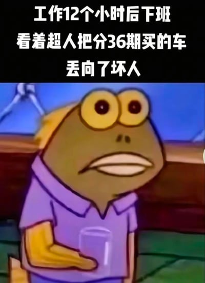 这张梗图上方是黑色背景的白色文字："工作12个小时后下班 看着超人把分36期买的车 丢向了坏人"。下方是悲伤青蛙（Sad Frog/Feels Bad Man）的经典表情包，青蛙角色有着黄色的大眼睛、悲伤的表情和下垂的嘴角，穿着紫色的衬衫，背景是模糊的蓝色天空和棕色栏杆。图片通过将辛苦工作、分期付款购车的现实压力与超人随意破坏财物的虚构场景结合，形成强烈反差，表达了打工人面对意外损失时的无奈与心痛。