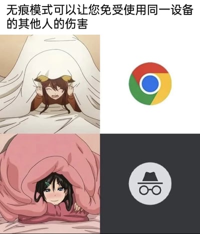 这是一张对比类网络梗图，整体分为上下两组内容，顶部配有文字“无痕模式可以让您免受使用同一设备的其他人的伤害”。左上是表情慌张、牙齿咬紧，双手抓着白色被子将自己紧紧遮住的动漫角色，对应右侧的普通Chrome浏览器图标，用来表现普通浏览器模式下，浏览记录会被设备其他使用者看到的不安感；左下是表情放松、面带微笑，躲在粉色被子里的动漫角色，对应右侧的Chrome无痕模式（隐身模式）图标，表现出无痕模式下不会在本地留下浏览记录、Cookie等数据，能放心使用的安全感。通过动漫角色的状态反差，直观调侃了浏览器普通模式与无痕模式在隐私保护上的差异。