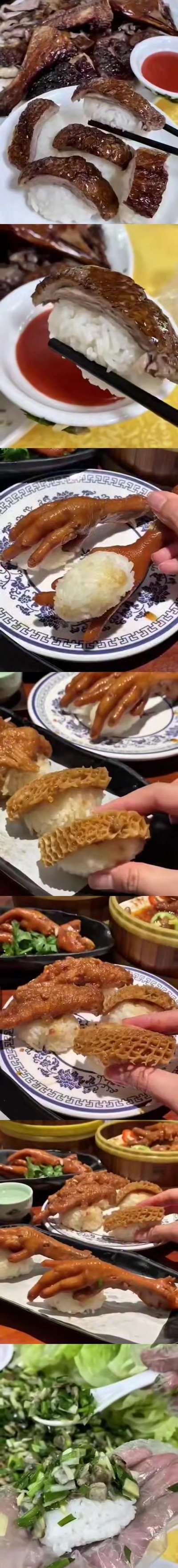 这是一组竖排拼接的实拍图，展示了多款将经典粤菜与寿司形式结合的创意融合料理：
1. 烧腊鹅肉盖在寿司饭上制成「烧鹅寿司」，搭配酸梅酱模仿寿司蘸酱吃法；
2. 卤制鹅掌与饭团组合成造型猎奇的「鹅掌寿司」；
3. 卤金钱肚搭配饭团的「金钱肚寿司」，还有搭配葱蒜料的生肉饭团。
这类料理将中式烧腊、卤味与日式寿司的载体结合，视觉反差感拉满，充满新奇创意。