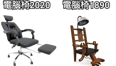 图片左侧为2020年的现代电脑椅，设计符合人体工学，带有高靠背、扶手和可伸展的脚踏，整体黑色皮质，显得舒适且专业；右侧为标注1890年的“电脑椅”，实际是木质结构的旧式椅子，配有金属灯罩，造型类似历史上的医疗椅或束缚装置，两者形成强烈时代反差，通过幽默手法调侃早期办公设备的简陋与现代设备的舒适。