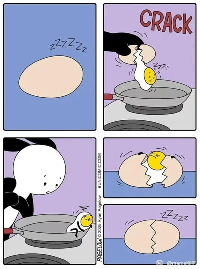 这是一组四格连环卡通漫画：第一格，一个完整的鸡蛋在蓝色背景中熟睡；第二格，一只手将鸡蛋敲开，把蛋液倒入炉灶上的平底锅，蛋黄带着睡眼惺忪的表情还处于睡眠状态；第三格，蛋黄突然惊醒，一脸疑惑地从锅里爬出来，旁边的白色蛋形角色正注视着它；第四格，蛋黄回到裂开的蛋壳中，将蛋壳当作床，重新在蓝色背景里熟睡，脸上带着些许不满的神情，整个故事充满脑洞和搞笑感。