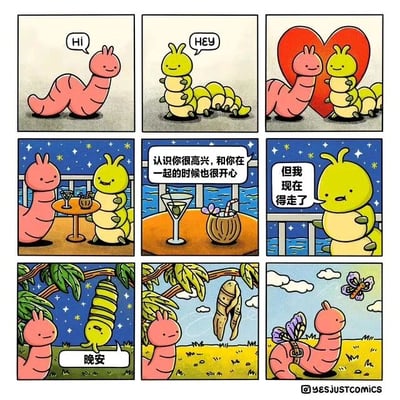 这是一组3x3格的连环漫画，讲述粉色与黄色毛毛虫的情感故事。首行展现相遇：粉色说“Hi”，黄色回应“HEY”，随后在爱心背景下亲密相处；中行描绘相处时光：星空下共饮，粉色表达喜悦，黄色却道出离别；末行呈现蜕变：粉色道“晚安”，黄色结茧，最终化为蝴蝶飞走。故事温馨治愈，暗含成长与离别的主题。
