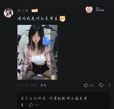 这是一张中文网络社区评论区的截图，ID为“南小魅”的LV4等级用户发起趣味提问，配文“请问我是什么系男生”并搭配狗头表情，提问下方附上自拍照：照片中是一位留黑色长直发、发间挑染粉色，身穿粉格衬衫搭配白色短内搭、黑色短裤与黑丝的女性化形象，照片上还有蓝色标注文字说明“男生 没药 没穿 没穿戴啦”；该提问发布于3月26日，定位湖南，获赞161；下方有网友“量子云的部屋”回复答案“计算机软件工程系男生”，该回复获赞197，内容玩了性别反差的趣味梗。