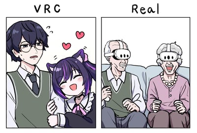 左侧「VRC」面板描绘了理想化的虚拟场景：戴眼镜的年轻男性角色被紫色猫耳少女亲密拥抱，少女笑容灿烂，头顶冒爱心，男性则面露无奈又略带害羞的表情；右侧「Real」面板展现现实场景：两位 elderly 老人戴着VR头显，坐在沙发上紧握控制器，一位面露惊讶，另一位开怀大笑，形成虚拟浪漫与现实VR体验的幽默反差。