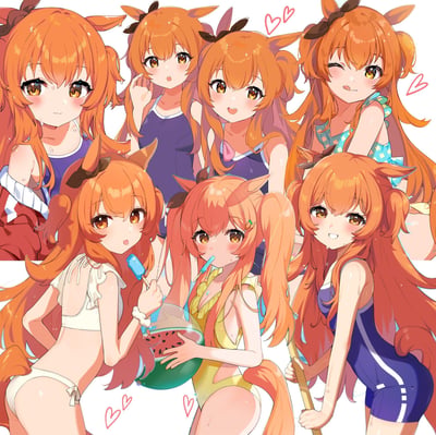 这是一张AI绘制的ACG同人插画，集合了手游《赛马娘 Pretty Derby》中的角色重炮（Mayano Top Gun）的7种不同夏日造型：有的身着深蓝色死库水搭配红色外套，有的穿浅蓝格纹泳衣眨眼吐舌搞怪，有的手持蓝色冰棒，还有的抱着西瓜容器用吸管饮用。角色们都保留了标志性的橙色长发与兽耳，脸上带着害羞、惊讶、开心等软萌表情，画面点缀粉色爱心，整体充满夏日清爽可爱的氛围。