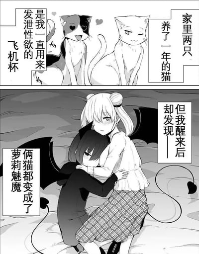 这是一张黑白短漫梗图，分为上下两格：第一格展示了主人养了一年的两只猫，配文直白表示这两只猫是自己用来发泄性欲的飞机杯；第二格是主人醒来后的场景，两只猫竟然变成了带有恶魔翅膀和心形尾巴的萝莉魅魔，正亲密地抱在一起。整个梗图靠日常养猫的设定和奇幻变身的反差制造荒诞搞笑的效果，同时带有二次元的擦边趣味。