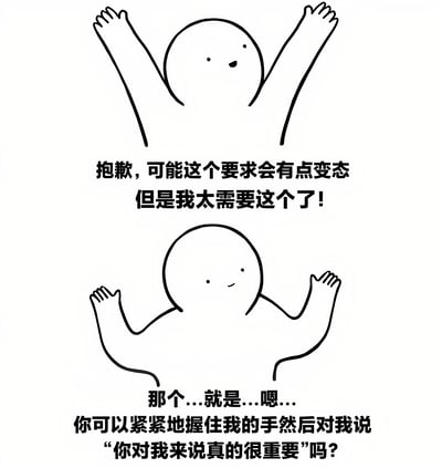 这是一张黑白线稿风格的表情包，包含上下两个简笔人物形象。上部分人物双臂高举，表情期待，配文'抱歉，可能这个要求会有点变态但是我太需要这个了！'；下部分人物手臂微曲伸出，表情腼腆，配文'那个...就是...嗯...你可以紧紧地握住我的手然后对我说