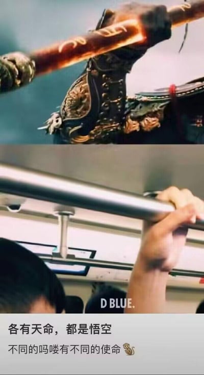 图片分为上下两部分。上半部分是《西游记》中孙悟空的经典形象，他身披金色龙纹盔甲，手握燃烧着红光的金箍棒，展现出威风凛凛的英雄气概。下半部分则是现实生活场景，一只手正紧紧抓着地铁车厢内的金属扶手，背景中能看到其他乘客的头顶和车厢内的屏幕。图片底部配有文字“各有天命，都是悟空 不同的吗喽有不同的使命🐒”，通过对比神话中的英雄悟空与现实中通勤的“吗喽”（网络热词，源自粤语“猴子”，代指普通人），幽默地表达了不同个体虽身份境遇不同，但都有各自使命的内涵。