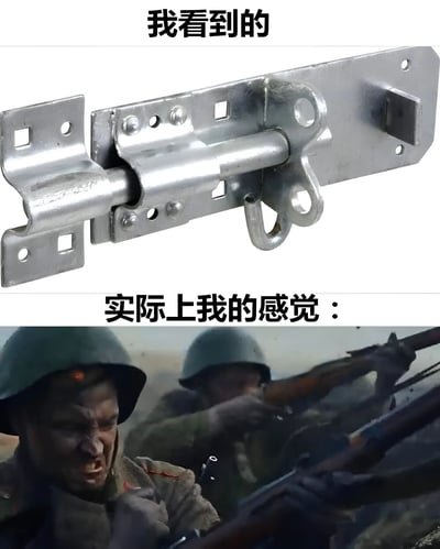 这是一张上下对比的梗图，上方标题为“我看到的”，展示了一个银色金属插销的特写，结构简单、冰冷；下方标题为“实际上我的感觉：”，搭配一张战场场景截图，画面中士兵们戴着头盔、手持步枪，表情狰狞，正在激烈战斗，充满紧张感和冲击力。通过日常物品与战争场景的强烈反差，幽默地表达了“表面平静实际内心波澜壮阔”的夸张情绪对比。