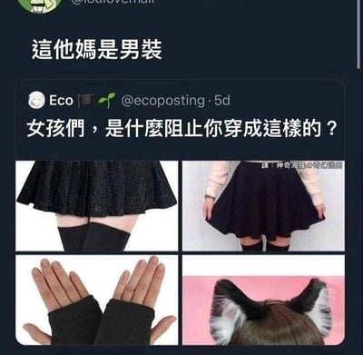这是一张源自海外社交平台的反差类梗图，主体内容是推特用户Eco发布的推文：配文「女孩们，是什么阻止你穿成这样的？」，并搭配四张展示穿搭单品的图片，分别是黑色百褶裙搭配过膝袜、黑色露指手套、猫耳发饰，这些单品风格偏向二次元软萌风，通常会被认为是女性向穿搭。而在这条推文的顶部，有一条评论写着「这他妈是男装」，直接打破了大众对这些穿搭的性别认知，通过强烈的反差制造出搞笑效果，调侃了人们对男装、女装的刻板印象。