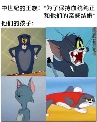 这是一张吐槽中世纪王族近亲结婚的梗图，上方文字说明“中世纪的王族：*为了保持血统纯正和他们的亲戚结婚* 他们的孩子：”，下方用四张《猫和老鼠》里汤姆猫的怪异、崩坏形象截图，来讽刺近亲繁殖会导致后代出现畸形、异常的状况，用经典动画的搞笑画面来呈现严肃的历史问题，风格幽默搞笑。
