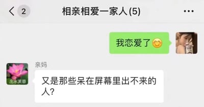 这是一张微信家庭群聊“相亲相爱一家人(5)”的聊天记录截图。群内一名成员用绿色气泡消息发送“我恋爱了 😊”并附带个人头像，随后备注为“亲妈”（昵称“出水芙蓉”，头像为粉色莲花）的成员用白色气泡消息回复“又是那些呆在屏幕里出不来的人?”，调侃对方的恋爱对象可能是屏幕中的虚拟人物或明星，展现了家庭成员间幽默又略带吐槽的互动日常。